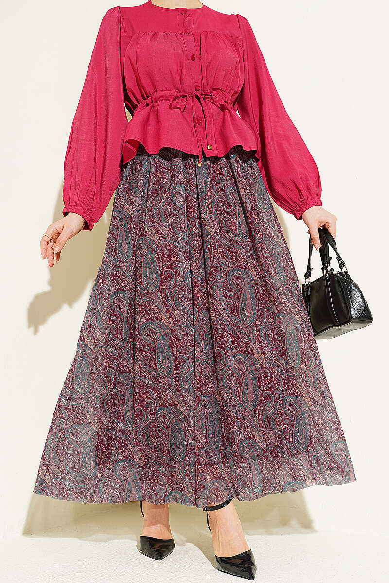 Kemerli Paisley Desen Şifon Etek Bordo