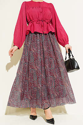 Kemerli Paisley Desen Şifon Etek Bordo - SAS