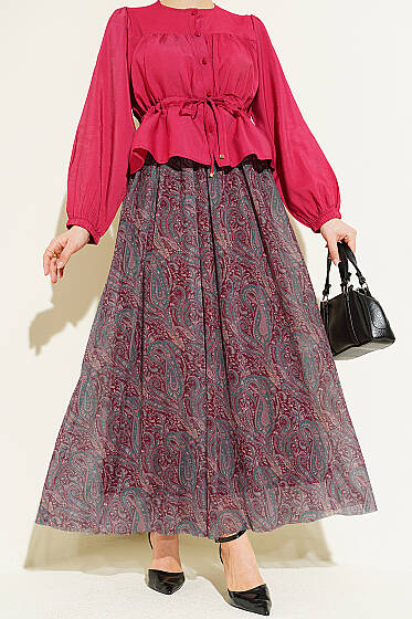 Kemerli Paisley Desen Şifon Etek Bordo - Etek