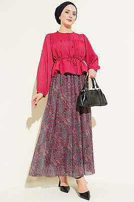 Kemerli Paisley Desen Şifon Etek Bordo - Etek