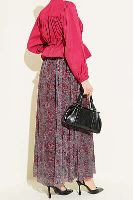 Kemerli Paisley Desen Şifon Etek Bordo - Etek