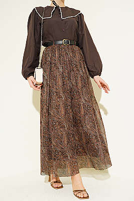 Kemerli Paisley Desen Şifon Etek Kahve - SAS