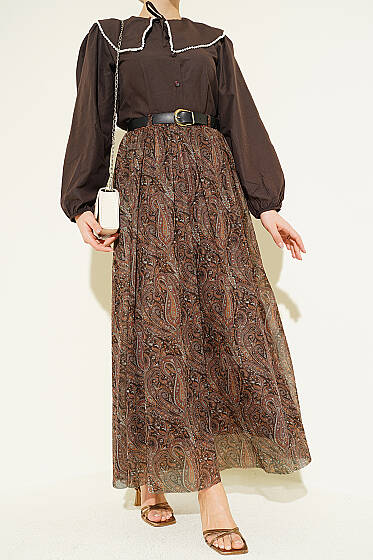 Kemerli Paisley Desen Şifon Etek Kahve - Etek
