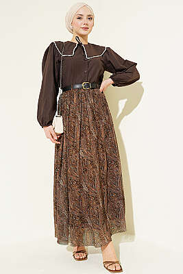 Kemerli Paisley Desen Şifon Etek Kahve - Etek