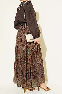 Kemerli Paisley Desen Şifon Etek Kahve - Etek