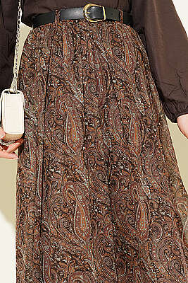 Kemerli Paisley Desen Şifon Etek Kahve - Etek