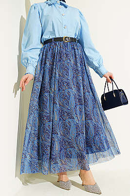 Kemerli Paisley Desen Şifon Etek Mavi - SAS