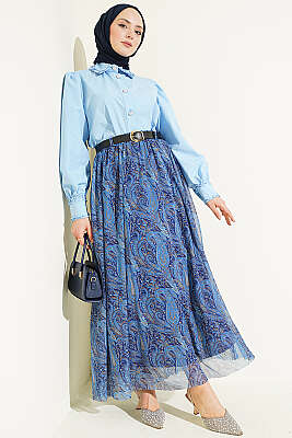 Kemerli Paisley Desen Şifon Etek Mavi - Etek
