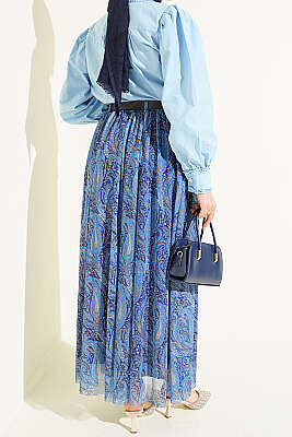 Kemerli Paisley Desen Şifon Etek Mavi - Etek