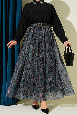 Kemerli Paisley Desen Şifon Etek Zümrüt - SAS