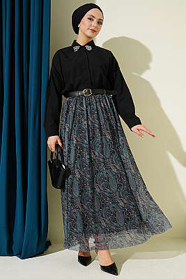 Kemerli Paisley Desen Şifon Etek Zümrüt - Etek