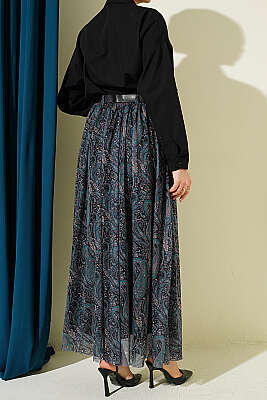 Kemerli Paisley Desen Şifon Etek Zümrüt - Etek