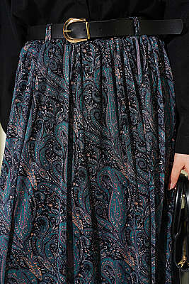 Kemerli Paisley Desen Şifon Etek Zümrüt - Etek