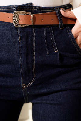 Kemerli Palazzo Kot Pantolon Lacivert - Pantolon