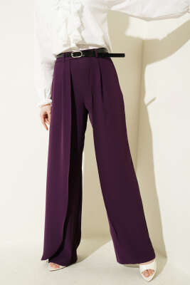 Kemerli Parça Detaylı Pantolon Mor - NEFİSE