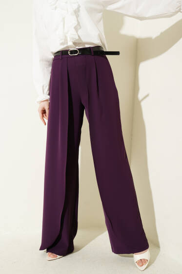 Kemerli Parça Detaylı Pantolon Mor - Pantolon