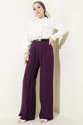 Kemerli Parça Detaylı Pantolon Mor - Pantolon
