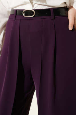 Kemerli Parça Detaylı Pantolon Mor - Pantolon