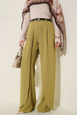 Kemerli Parça Detaylı Pantolon Yağ Yeşili - NEFİSE