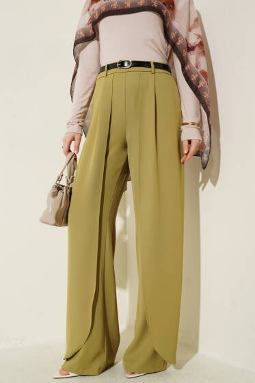 Kemerli Parça Detaylı Pantolon Yağ Yeşili - Pantolon
