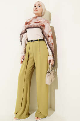 Kemerli Parça Detaylı Pantolon Yağ Yeşili - Pantolon
