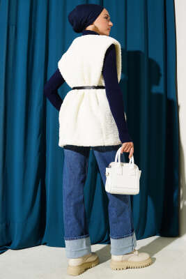 Kemerli Peluş Yelek Ekru - Yelek