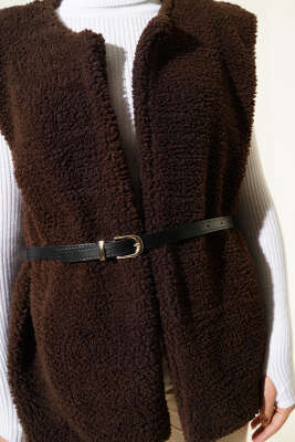 Kemerli Peluş Yelek Kahve - Yelek