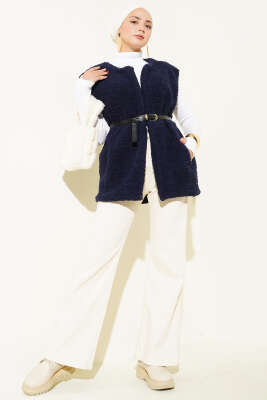 Kemerli Peluş Yelek Lacivert - Yelek