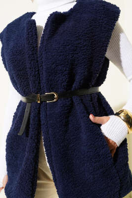 Kemerli Peluş Yelek Lacivert - Yelek