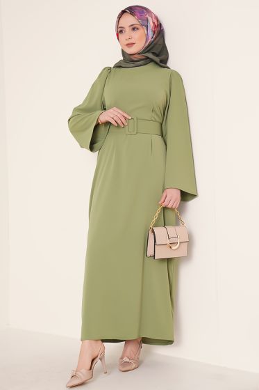 Kemerli Pensli Haki Elbise - Tesettür Elbise