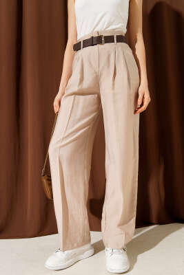 Kemerli Pensli Pantolon Bej - Kadın Giyim Modelleri