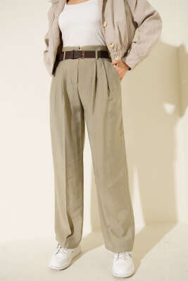 Kemerli Pensli Pantolon Haki - QUZU