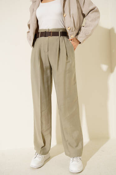 Kemerli Pensli Pantolon Haki - Kadın Giyim Modelleri