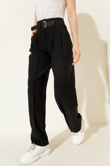 Kemerli Pensli Pantolon Siyah - Kadın Giyim Modelleri