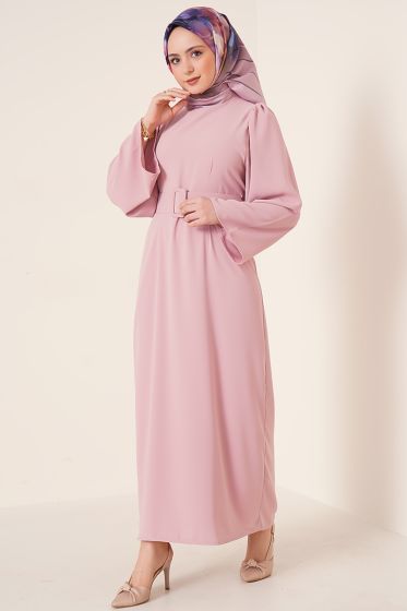 Kemerli Pensli Pudra Elbise - Tesettür Elbise
