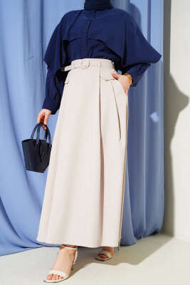 Kemerli Pile Detaylı Cepli Etek Bej 