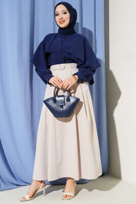 Kemerli Pile Detaylı Cepli Etek Bej - Etek