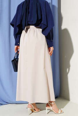 Kemerli Pile Detaylı Cepli Etek Bej - Etek