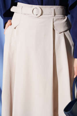 Kemerli Pile Detaylı Cepli Etek Bej - Etek