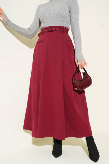 Kemerli Pile Detaylı Cepli Etek Bordo - Etek
