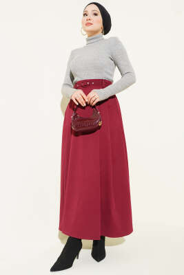 Kemerli Pile Detaylı Cepli Etek Bordo - Etek