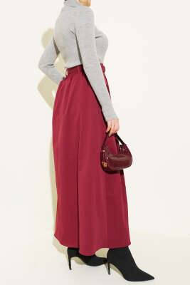 Kemerli Pile Detaylı Cepli Etek Bordo - Etek