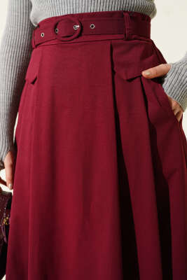 Kemerli Pile Detaylı Cepli Etek Bordo - Etek