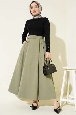 Kemerli Pile Detaylı Cepli Etek Çağla Yeşili - Etek