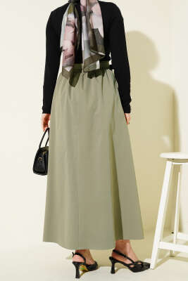 Kemerli Pile Detaylı Cepli Etek Çağla Yeşili - Etek