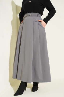 Kemerli Pile Detaylı Cepli Etek Füme - ALİ AKKAYA