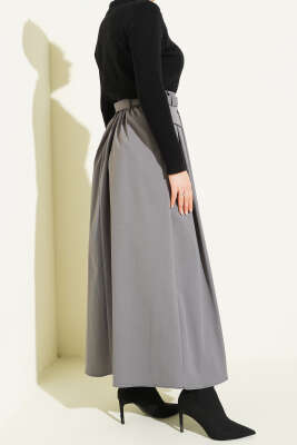 Kemerli Pile Detaylı Cepli Etek Füme - Etek