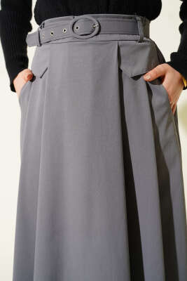 Kemerli Pile Detaylı Cepli Etek Füme - Etek