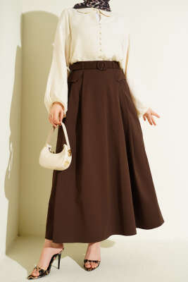 Kemerli Pile Detaylı Cepli Etek Kahve 