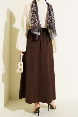 Kemerli Pile Detaylı Cepli Etek Kahve - Etek